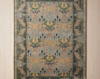 green blue  Arts and Crafts Rug, William Morris Style Wool Rug, Vintage Floral Area Rug, Traditional Carpet,9x12 Living Room Rug,
