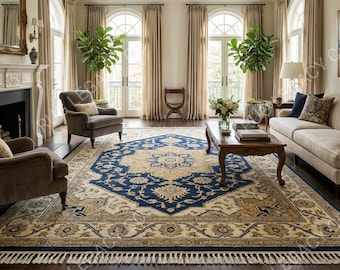 Hand Knotted Wool Oushak Rug Navy Blue Oriental Medallion Carpet, Traditional  Style Living Room Bedroom Custom Size Rug