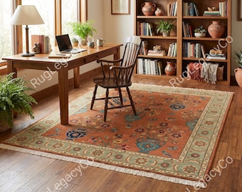 Made in India 12x15 Ft. Terracotta Bird Floral Vase Hand Knotted Wool Rug, Burnt Orange Sage Green Border Area Rug For Living Room Bedroom