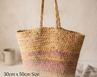 Handgeweven jute draagtas met roze strepen | Milieuvriendelijke strandboodschappentas | Grote schoudertas I 30 x 60 cm inclusief handvat I