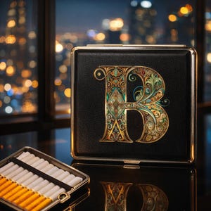 Personalized Initial Cigarette Case, Baroque Illuminated Letter, Black PU Leather Silver Frame, Unique Monogram Birthday Gift for Him/Her