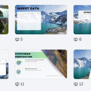 May include: A series of presentation slides with text and graphics. The slides include titles like "CASE TO ANALYZE", "INSERT DATA", "HYPOTHESIS", "ANALYSIS OF RESULTS", "HYPOTHESIS VERIFICATION", and "CONCLUSION". Each slide features a scenic background.