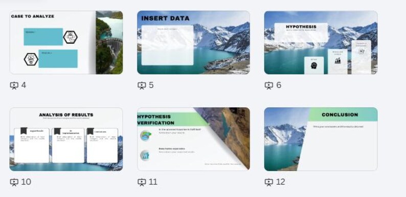May include: A series of presentation slides with text and graphics. The slides include titles like "CASE TO ANALYZE", "INSERT DATA", "HYPOTHESIS", "ANALYSIS OF RESULTS", "HYPOTHESIS VERIFICATION", and "CONCLUSION". Each slide features a scenic background.
