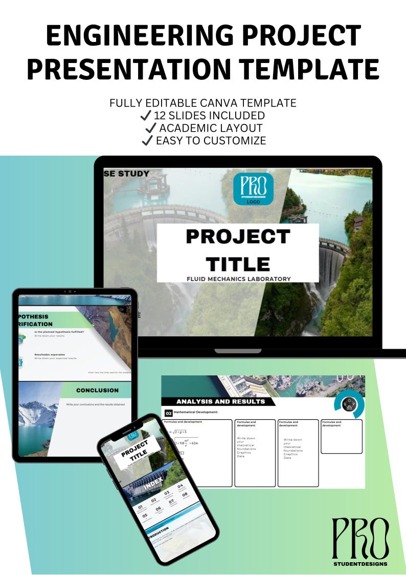 May include: Engineering project presentation template displayed on a laptop, tablet, and smartphone. The template includes 12 slides, an academic layout, and is easy to customize. The presentation title is "Project Title: Fluid Mechanics Laboratory". The template is fully editable in Canva.