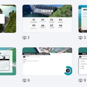 May include: A series of presentation slides with a light blue and white theme. The slides feature titles like "PROJECT TITLE", "INDEX", "INTRODUCTION", "AI IMPLEMENTATION", "THEORETICAL FOUNDATIONS", and "ANALYSIS AND RESULTS". Each slide has a unique layout.
