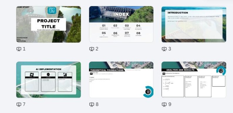 May include: A series of presentation slides with a light blue and white theme. The slides feature titles like "PROJECT TITLE", "INDEX", "INTRODUCTION", "AI IMPLEMENTATION", "THEORETICAL FOUNDATIONS", and "ANALYSIS AND RESULTS". Each slide has a unique layout.
