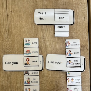 May include: Educational language learning flashcards with the phrases "Yes, I can" and "No, I can't". The cards also include illustrations and words for actions like "jump", "swim", "cook", "ride a horse", and "play the piano".