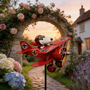 May include: A red metal airplane yard decoration featuring Snoopy as a World War I pilot. The biplane has black crosses on the wings and a wooden propeller. The decoration is set in a garden with flowers and a stone archway.