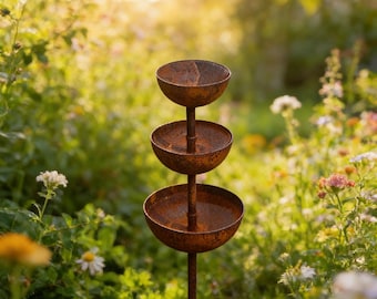 Bebedouro rústico de metal para pássaros com 3 níveis, comedouro para água de jardim, decoração para quintal.