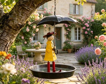 Comedero para pájaros colgante con forma de niña con paraguas, bebedero de metal original para jardín, bonito regalo de decoración para exteriores para amantes de las aves.