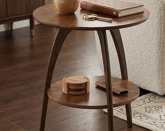 Mid Century Modern Round Wood End Table with Shelf  Nutmeg Brown Accent Side Table