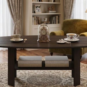 May include: A dark brown wooden coffee table with a lower shelf holding two gray boxes. The table is set with two teacups and saucers, a small spoon, and a decorative clock under a glass dome. A floral patterned rug is beneath the table.