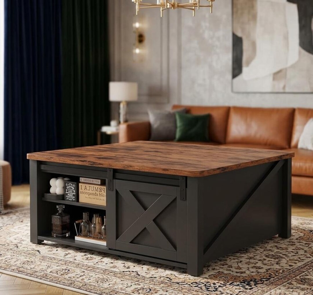 Square Farmhouse Lift Top Coffee Table With Hidden Storage, Adjustable ...