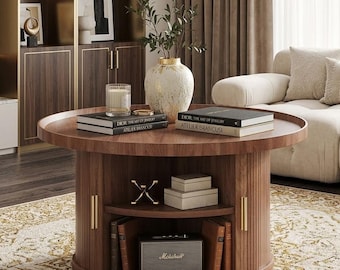 Round Fluted Coffee Table with Storage,Sliding Tambour Door Wooden Living Room Table,