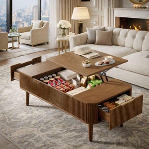May include: A wooden lift-top coffee table with storage drawers. The table is brown with a ribbed design on the drawer fronts. The top is raised, revealing snacks and other items inside. The table is in a living room setting.