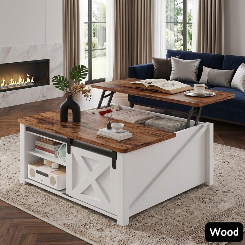Square Farmhouse Lift Top Coffee Table With Hidden Storage, Adjustable ...