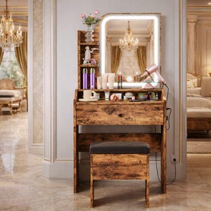 May include: A rustic wooden vanity with a lighted mirror, a drawer, and a matching stool. The vanity has a distressed finish and is adorned with beauty products, a vase of flowers, and a pink hairdryer. The mirror reflects a chandelier.
