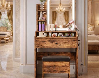 Vanity Desk with Lighted Mirror, Cushioned Chair & Storage
