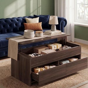 May include: A dark brown lift-top coffee table with open drawers, revealing storage space. The table is in front of a blue sofa with decorative pillows. A lamp and decorative bowls are on the table's surface. The table measures approximately 40 inches long.