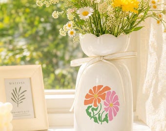Personalized Colorful Flower Ceramic Flower Vase, Pastel Floral Art Vase, Spring Bloom Vase for Her, Cottagecore Gift for Flower Lover