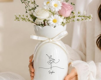 Personalized Ballerina Ceramic Flower Vase, Custom Name Vase for Dance Lover, Line Art Decor, Ballet Girls Gift, Gift for Flower Lover