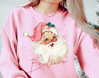 Pink Christmas Sweatshirt, Retro Santa Sweatshirt, Vintage Santa Christmas Sweater, Christmas Shirt, Christmas Gift for Her, Xmas Sweater