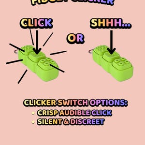 Może przedstawiać: Limonkowy, teksturowany fidget clicker z przyciskami i k&oacute;łkiem na klucze. Obraz zawiera tekst: TEXTURED BUTTON FIDGET CLICKER, CLICK, OR, SHHH..., CLICKER SWITCH OPTIONS: CRISP AUDIBLE CLICK, SILENT & DISCREET. Strzałki wskazują na przyciski.