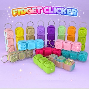 May include: A selection of brightly coloured fidget clickers, each with a keyring and a unique textured surface. The clickers come in shades of pink, yellow, green, and purple. The image displays the text "FIDGET CLICKER" in a vibrant, multi-coloured font.