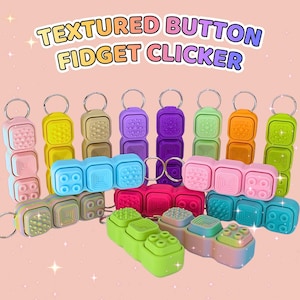 May include: A collection of textured button fidget clickers in various colours including pink, yellow, blue, purple, green, and orange. Each rectangular device features three distinct tactile surfaces and a metal keyring attached to one end.