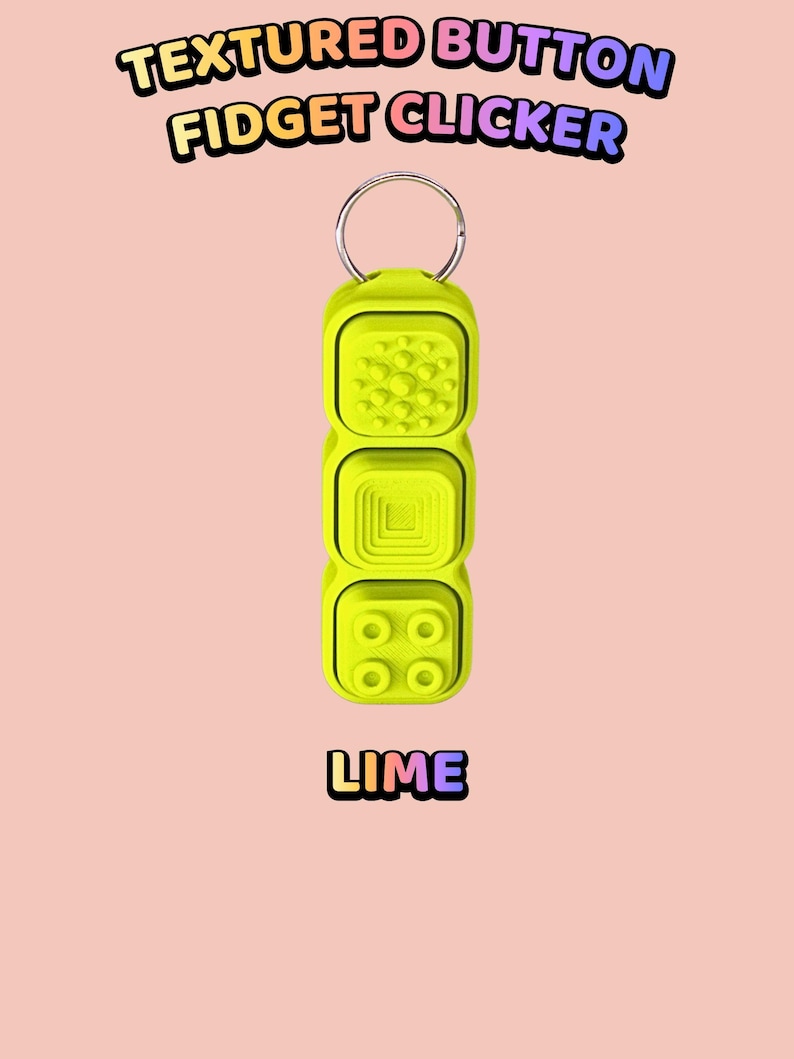 Może przedstawiać: Limonkowy brelok typu fidget clicker z trzema r&oacute;żnymi kwadratowymi przyciskami o odmiennych fakturach, w tym wypukłymi kropkami, koncentrycznymi kwadratami i czterema okrągłymi wypustkami. Tekst głosi TEXTURED BUTTON FIDGET CLICKER oraz LIME.