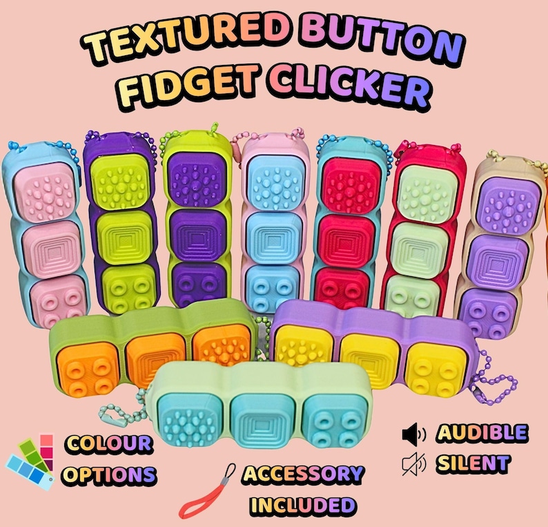 Może przedstawiać: Teksturowane przyciski typu fidget clicker w r&oacute;żnych kolorach, każdy z trzema r&oacute;żnymi powierzchniami dotykowymi. Tekst głosi: TEXTURED BUTTON FIDGET CLICKER, COLOUR OPTIONS, ACCESSORY INCLUDED, AUDIBLE, SILENT. Zawiera mały pasek na nadgarstek.