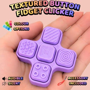 May include: A lavender cross-shaped fidget clicker with five square buttons, each featuring a unique tactile surface pattern including diagonal lines, raised dots, concentric squares, and circles. Text reads: TEXTURED BUTTON FIDGET CLICKER.
