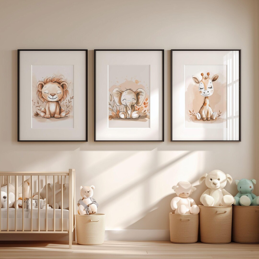 Safari Nursery Wall Art Set of 3, Lion Giraffe Elephant Printable ...