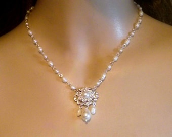 Vintage Style Bridal Pearl Necklace: Swarovski Crystal & Silver Pendant