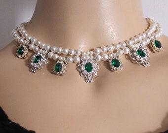 Evening Necklace Emerald Green Stone Vintage Bridal Pearls Necklace Statement Choker Pearl Wedding Choker Rhinestone Zirconium Pearls Strand