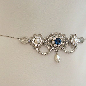 Bridal Sash belt,Wedding belt,Something Blue Bridal Sash,Pearls Rhinestone vintage belt,wedding dress belt,Wedding Sash,Blue crystal belt