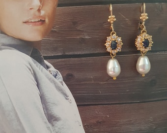 Wedding Chandelier Bridal Blue Sapphire Gemstone Earrings Real Sapphire Genuine Pearls Dangling Earrings Sapphire Stone Vintage Style OOAK
