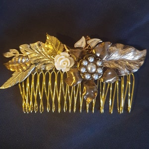 Bridal Hair Comb Pearls Vintage Wedding Hair comb Flower Vintage Shabby Chic Bride Hair Comb Gold Leafs Hair Piece Leafs Pearls Victorian image 3