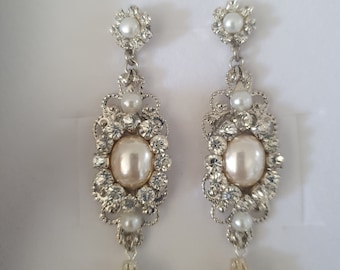 Swarovski Crystal Bridal Chandelier Earrings: Silver Or Gold Pearl Ear Pierced Wedding Jewelry