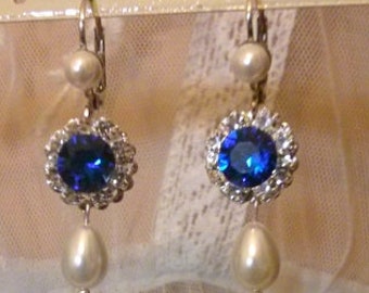 Blue Sapphire earrings,Sapphire Drop blue Earrings,Drop Pearl,Something Blue,Bridal Earrings,Wedding Jewelry,Swarovski Blue Gift,Dangle drop