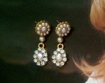 Champagne Pearl Rhinestone Bridal Earrings, Gold Post