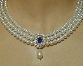 Sapphire Necklace Wedding Pearl Bridal Choker Pearl Rhinestone Something Blue Sapphire Stone Multi Row Vintage Jewelry Lady D Necklace OOAK