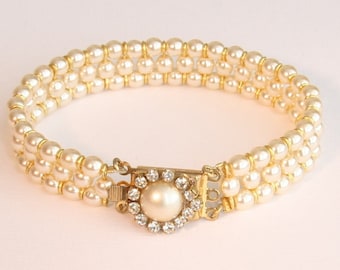 Bridal Bracelet Wedding Pearl Bracelet Vintage bridal Rhinestone Bracelet  Cuff Bracelet Victorian Multi Strand Bracelet  Rhinestone Pearls