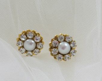 Bridal Pearl Earrings Golden Rhinestone Wedding Earrings Vintage Style Wedding Pearl Stud Bridal Earrings Victorian style Bridesmaids 1920s