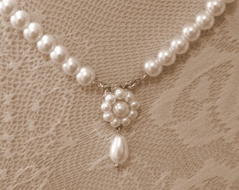 Bridal Ivory Pearls Necklace Flower Bridal Necklace Vintage Choker Wedding Pearls Silver Necklace Bridal Pearls Necklace Drop Pearl Necklace