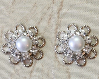 Bridal Pearl earrings Rhinestones Silver Earrings Flower Earrings Bridesmaids Earrings Vintage Style Wedding Pearl Stud Bridal Jewelry pearl