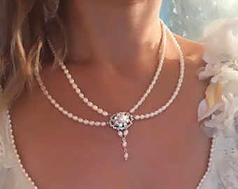Wedding Necklace Silver Pearl Jewelry Necklace Genuine Pearls Two Row Bridal Necklace Pearl Wedding Jewelry Rhinestone Flower Romantic
