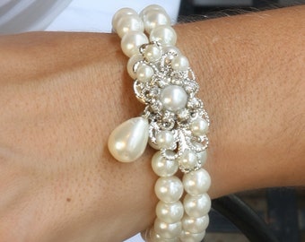 Bridal Bracelet, Rhinestone and Pearls, Victorian Jewelry ,Wedding , Silver , Swarovski Rhinestone Crystals,Ivory Cream - MARIANNE