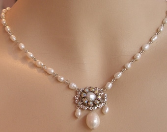 Bridal Pearl Necklace: Vintage Swarovski Rhinestone Silver Necklace