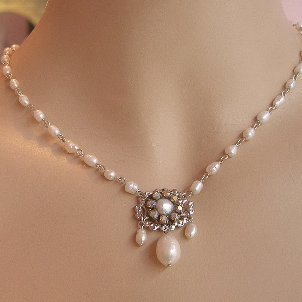 Bridal Pearl Necklace Silver Necklace Vintage Swarovski Crystal Rhinestone Bride Necklace White Freshwater Pearls Necklace GIFT FOR HER
